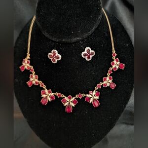 Vintage Givenchy Gold Ruby Red Crystal Necklace & Stud Earrings
